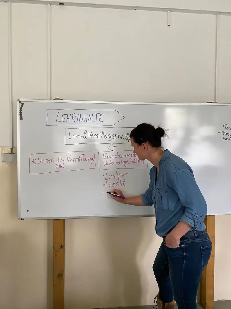 Steffi Knecht erklärt am Whiteboard Lehrinhalte für angehende Ausbilder