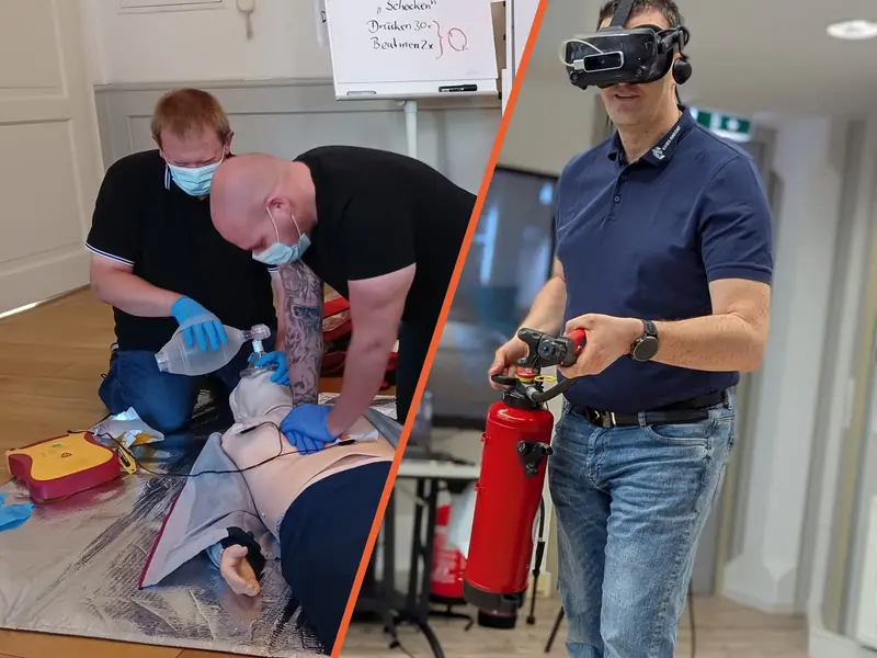 Links Herz-Lungen-Wiederbelebung mit Defibrillator, rechts VR-Löschtraining
