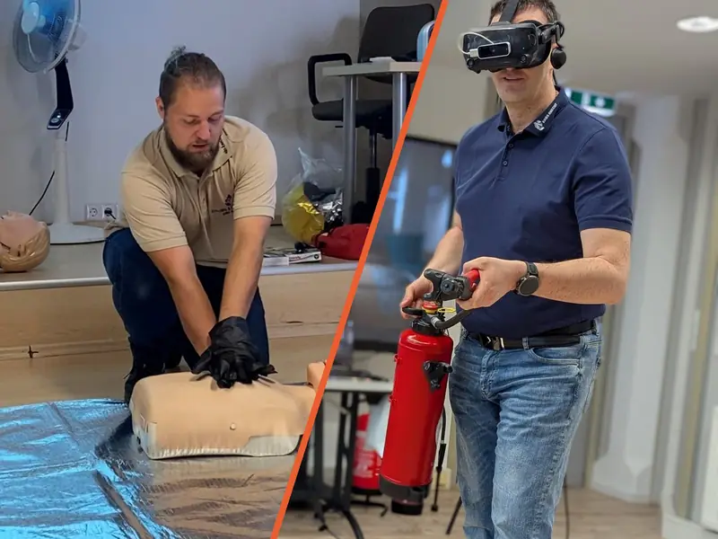 Links Herzdruckmassage am Übungsphantom, rechts VR-Löschtraining