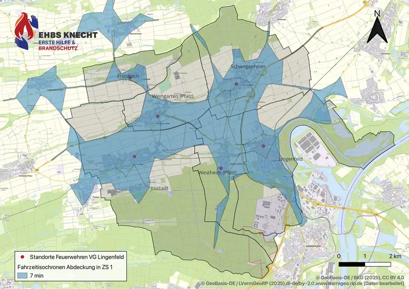 Karte mit den Fahrzeitbereichen der Feuerwehrstandorte einer Verbandsgemeinde