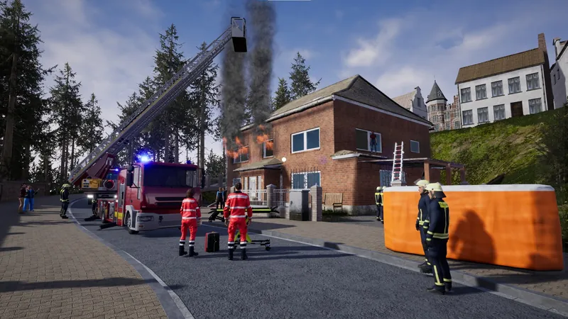 Virtuelles Einsatzszenario: Wohnhausbrand mit Drehleiter, Sprungpolster, Rettungsdienst und Einsatzkräften