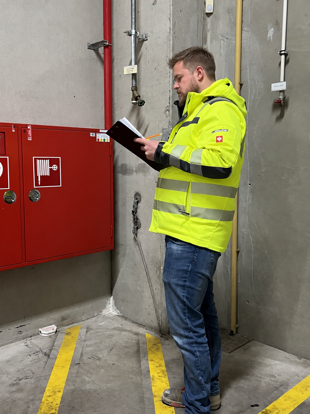 EHBS-Mitarbeiter prüft bei einer Begehung einen Wandhydranten und dokumentiert auf dem Tablet